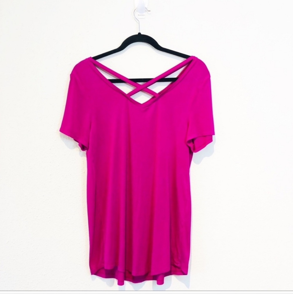 Magenta Short Sleeve Tee Crisscross Accents Front &Back